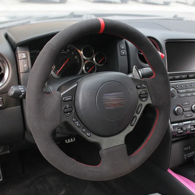 Black Suede Leather Steering Wheel Red Stitch on Wrap Cover Fit For Nissan GTR GT-R 2008-2015