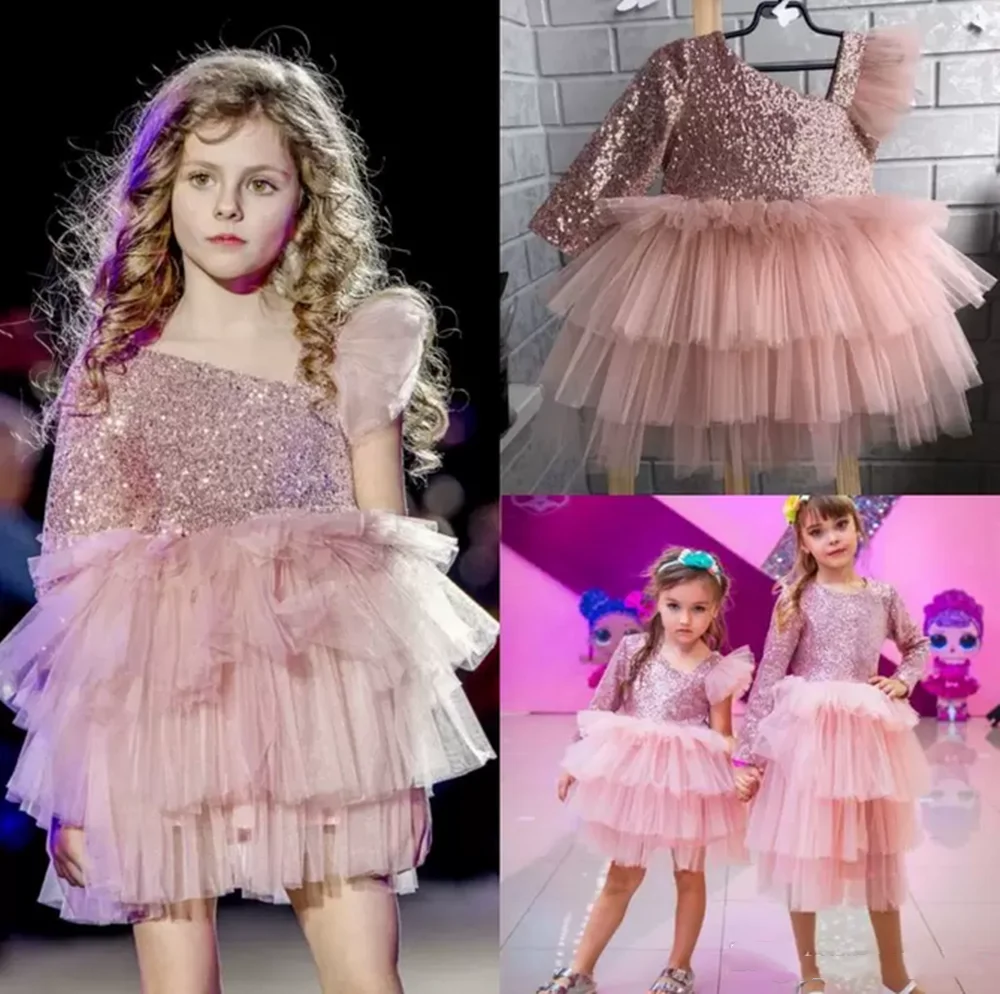 

New Sequined Flower Girls Dresses One Shoulder Sequins Tiered Ruffles Girls Pageant Gowns Beach Birthday Party Dress