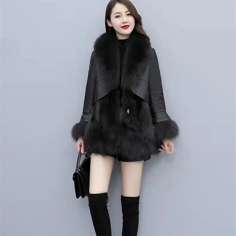 2021Winter New Slim-fit Fur Coat Women Mid-length Style Fox Fur PU Leather Stitching Haining Coat Female Casual Jacket Trend A26