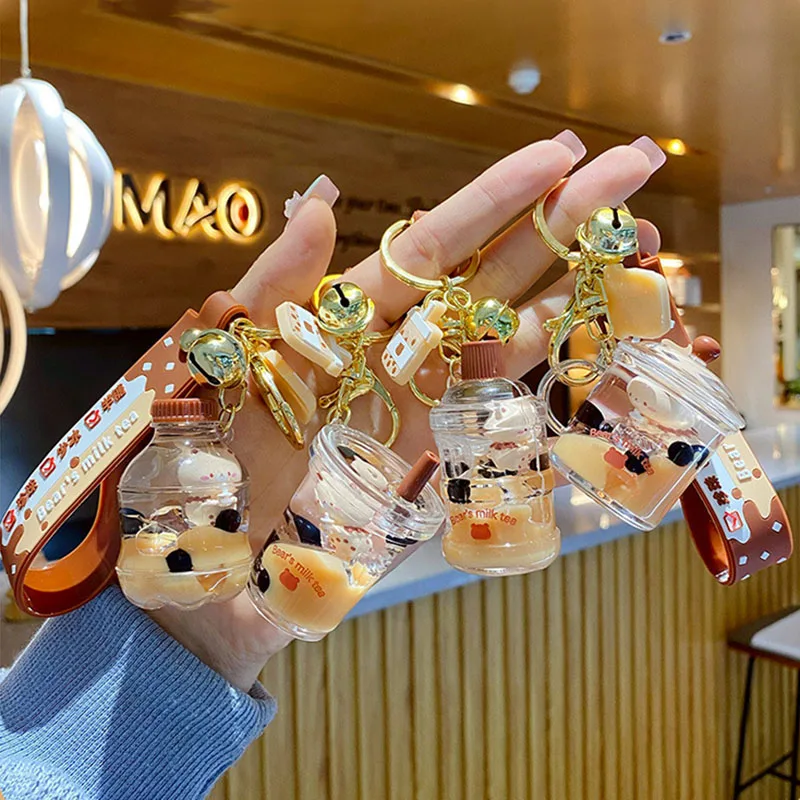 Cartoon Into Oild Pearl Milk Tea Bear Floating Liquid Keychain For Girl Bag Pendant Cute Mug Drink Bottle Keyring Key Charm Gift