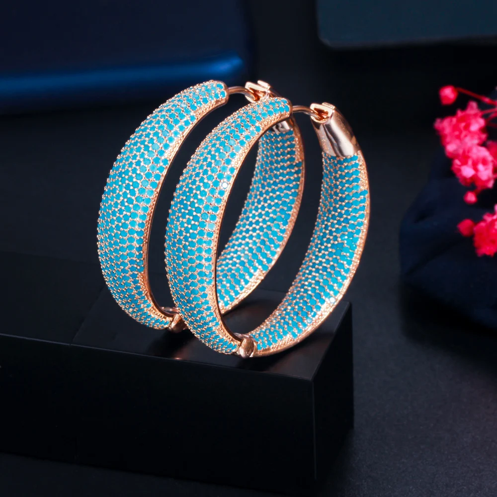 CWWZircons Luxury Turkish Light Blue Cubic Zirconia Large Loop Hoop Earring for Women Fashion Statement Jewelry Brincos CZ883