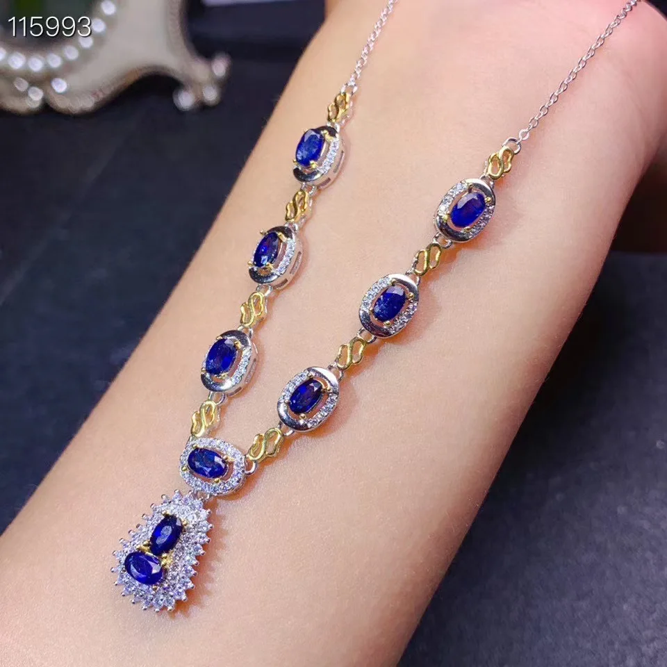 Natural sapphire necklace, new style, from China mining area, 925 silver, Hong Kong design