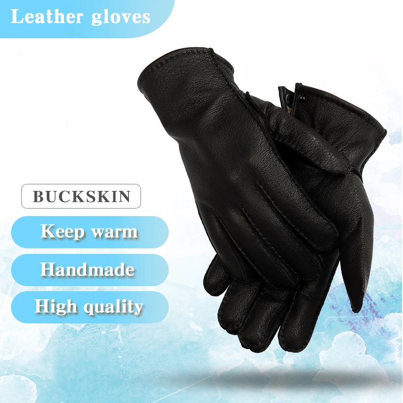 New Winter Men's Gloves Hand-Stitched Deerskin Warmth Wear-Resistant Snap Button Style Cold-Proof Leather Mittens Wool Lining