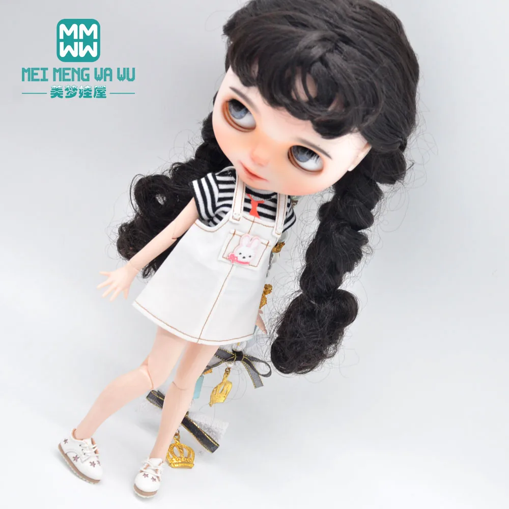 28cm Blyth Doll Clothes Fashion Denim strap dress, collant a righe