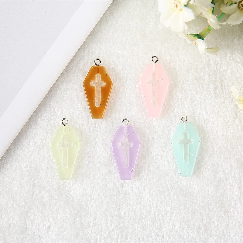 15Pcs 29*16mm Punk  Charms Resin Glitter Coffin Planchette  Flatback Cross Accessory for Jewelry DIY Making