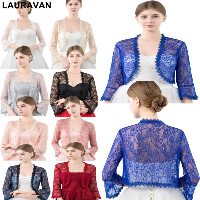 Elegant 2022 New Shares of women / girls 3/4 long sleeve Black Blue Wine Red lace shoulders cropped bolero jacket wedding wraps