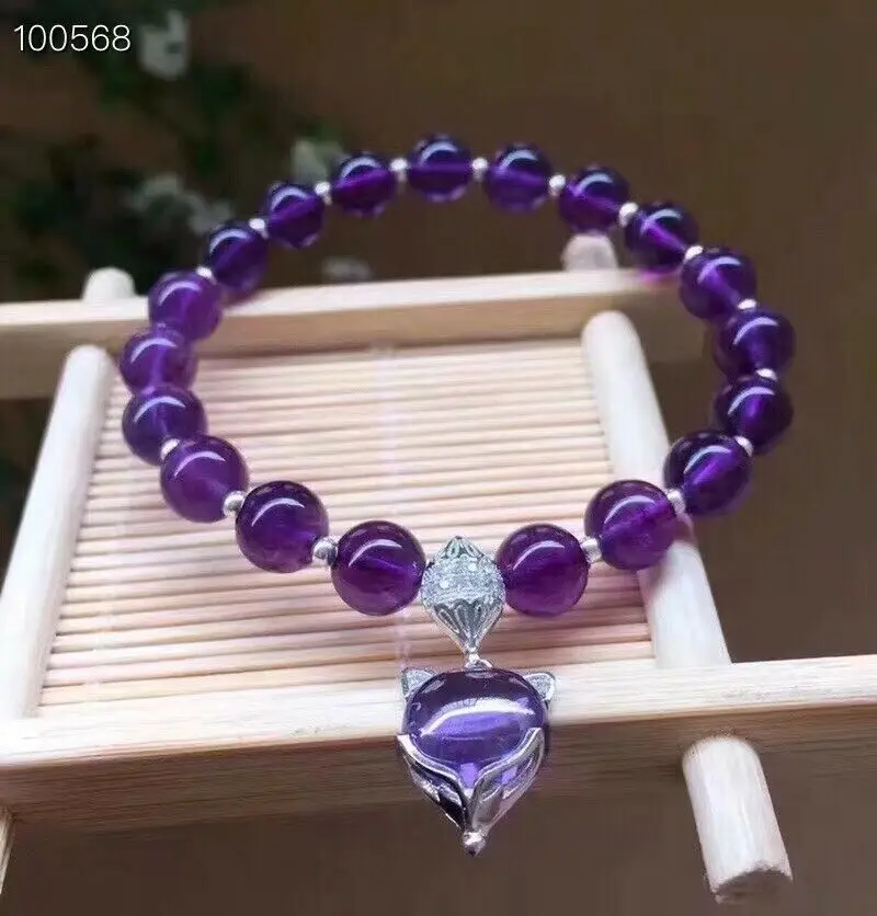 Natural Purple Amethyst Quartz Fox Pendant Bracelet Clear Round Beads 10mm 9mm 8mm Women Men Amethyst Crystal AAAAA