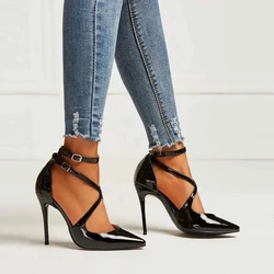 Lovirs Women's Patent Leather High Heel Stiletto Pumps Pointed Toe Cross Strap Wedding Party Dress Shoes Sizes 5-15