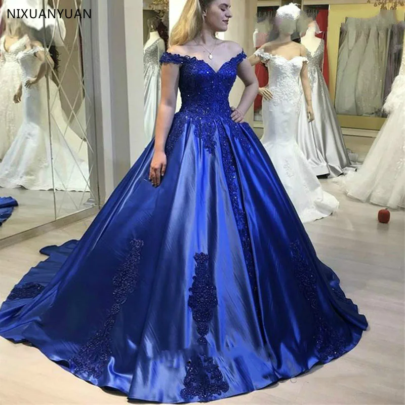 

Vestidos De Fiesta V Neck Royal Blue Off The Shouler Prom Dresses Lace Appliques Special Occasion Formal Party