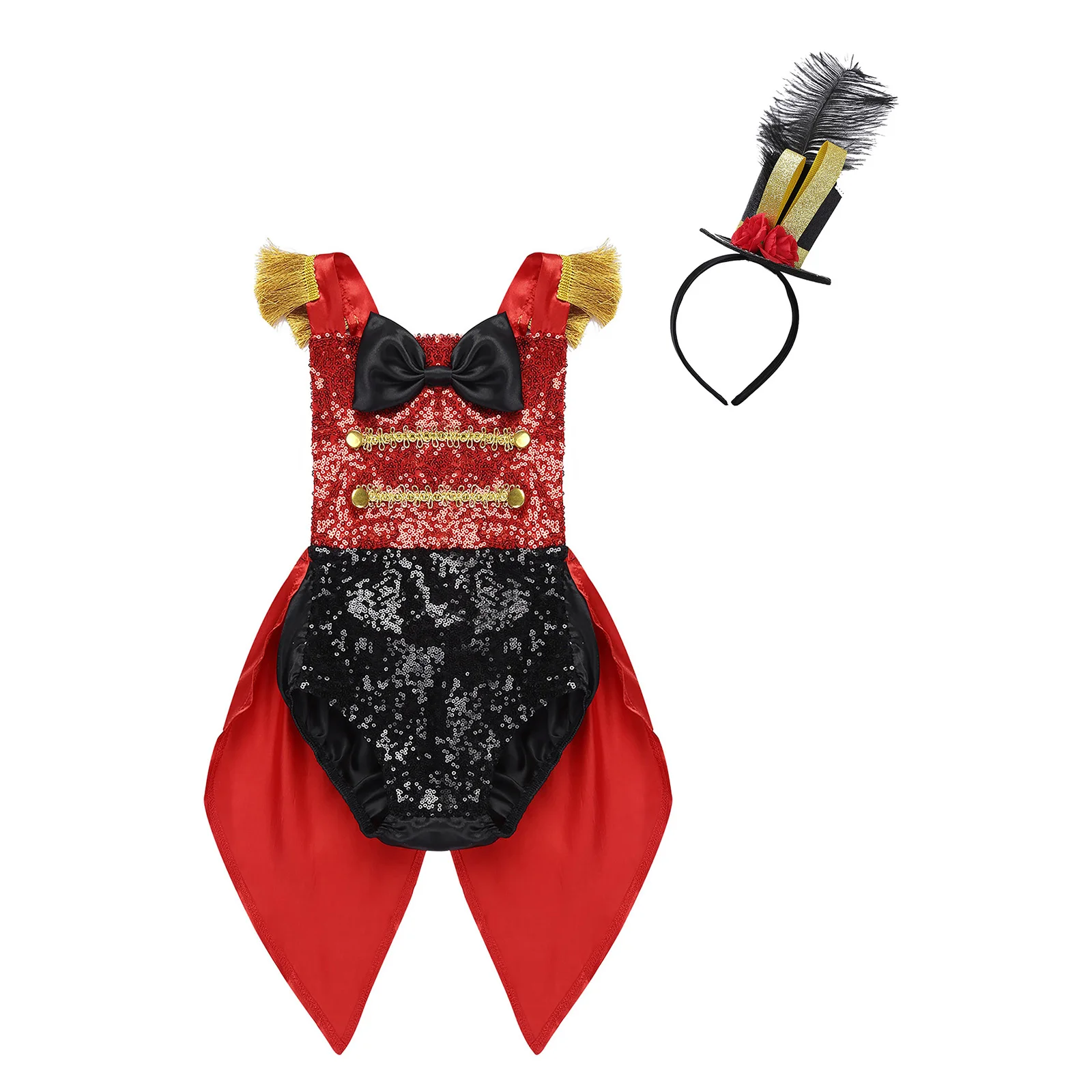 

Kids Baby Girls Showman Ringmaster Circus Costume Halloween Cosplay Bodysuit Sleeveless Sequined Bowknot Romper with Feather Hat