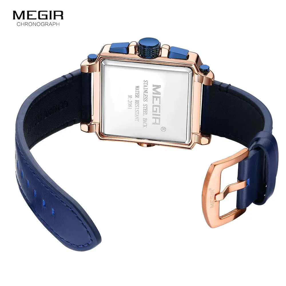 Relógios dos homens megir pulseira de couro azul relógio de quartzo para o homem cronógrafo de discagem quadrada relógio de pulso montres hommes orologi часы rejoj