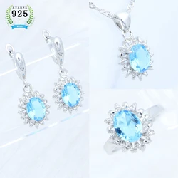 925 Sterling Silver Jewelry Set Bridal Wedding Jewelry Sky Blue Cubic Zirconia Open Ring Pendant Earrings Chain for Women