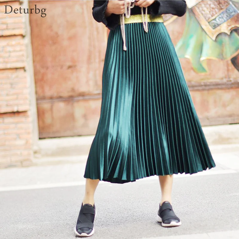 

Women's Metal Color Pleated Midi Skirt Japanese Style Ladies Streetwear High Waist Velour Chic Skirts Saias 2019 Spring SK279