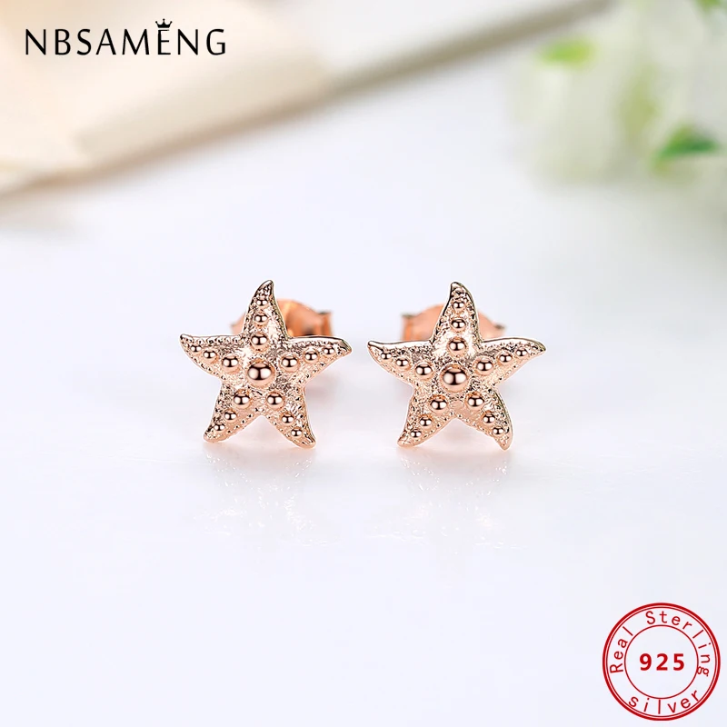 원래 100% 925 스털링 실버 스터드 귀걸이 로즈 골드 불가사리 Earings 여성을위한 파인 쥬얼리 결혼 선물