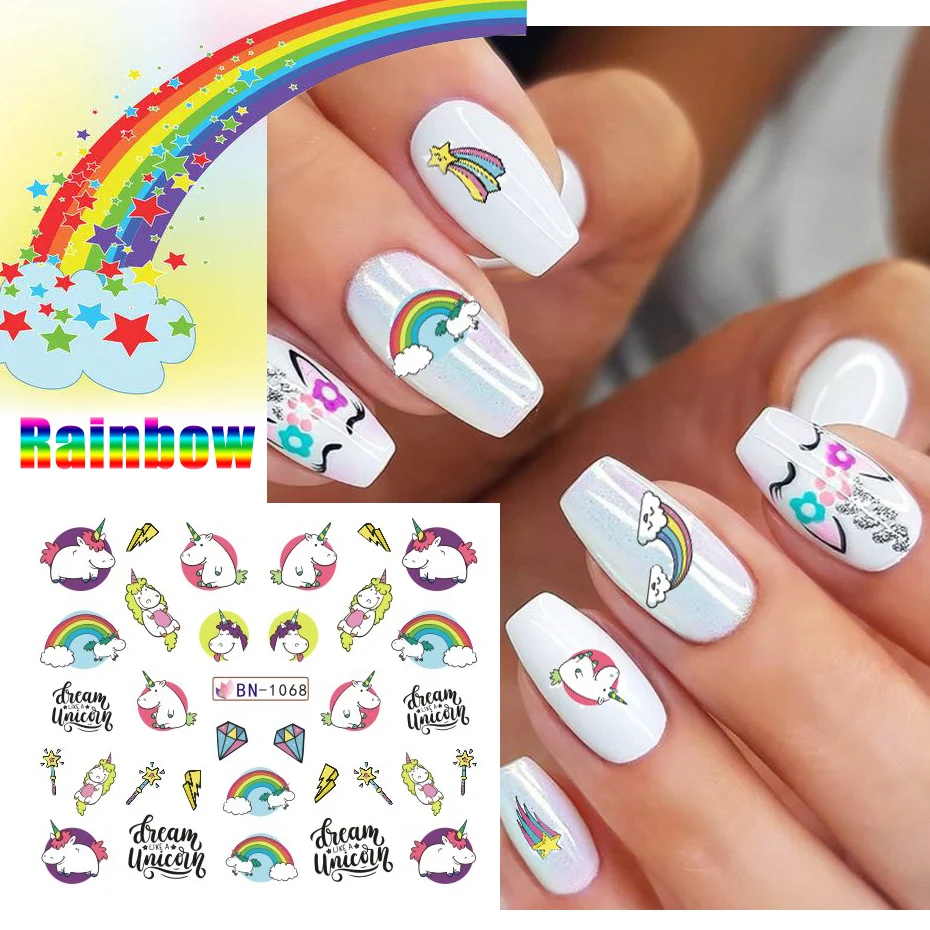 12 Designs Pink Unicorn Water Transfer Slider Rainbow Ice Cream Donut Cartoons Nail Stickers Polishing Nail Decaor NLBN1057-1068