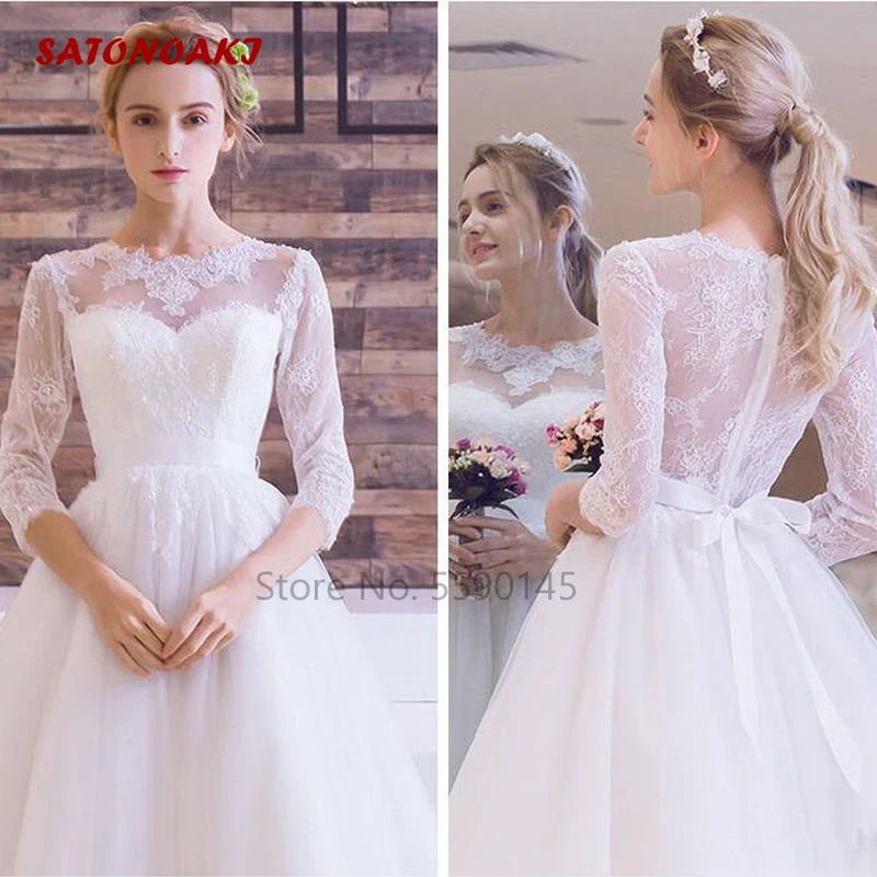 Beach Short Wedding Dress 2024 Lace Applique 3/4 Sleeve Elegant Boho Garden Bridal Gown Sheer Neck Tea-Length Vestidos De Novia