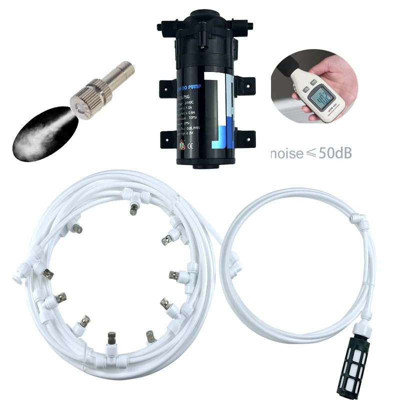 

New Quiet DC 24V Water Pump Sprayer Patio Mist Cooling System 6-15M Slip Lock Fog Nozzles Garden Watering Kit