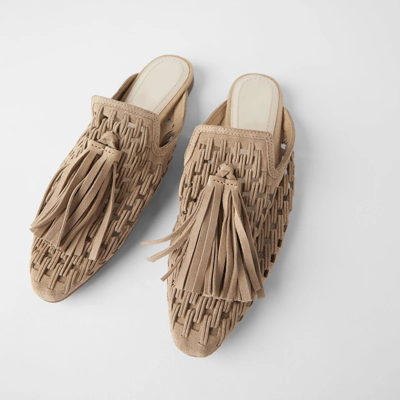 2021 Autumn Women's Slippers Winter Fringe Modern Slippers Square Head Flats Lazy Muller Sandals Khaki Tassel Shoes Woman Slides