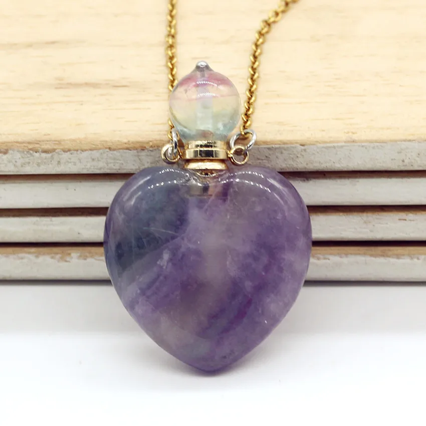 Trendy-beads Light Yellow Gold Color Perfume Bottle Pendant Natural Fluorite Stone Necklace Romantic Love Heart Jewelry