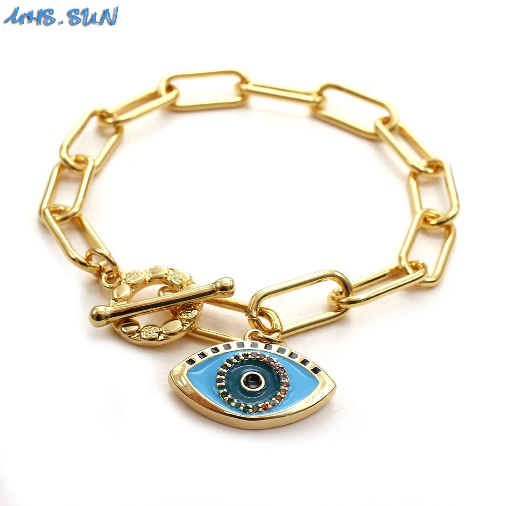 MHS.SUN 1PC Lucky Eye Pendant Bracelets Charm AAA Zircon Jewelry For Women Chunky Chain Bangles Men Hiphop Bangles Party Gifts