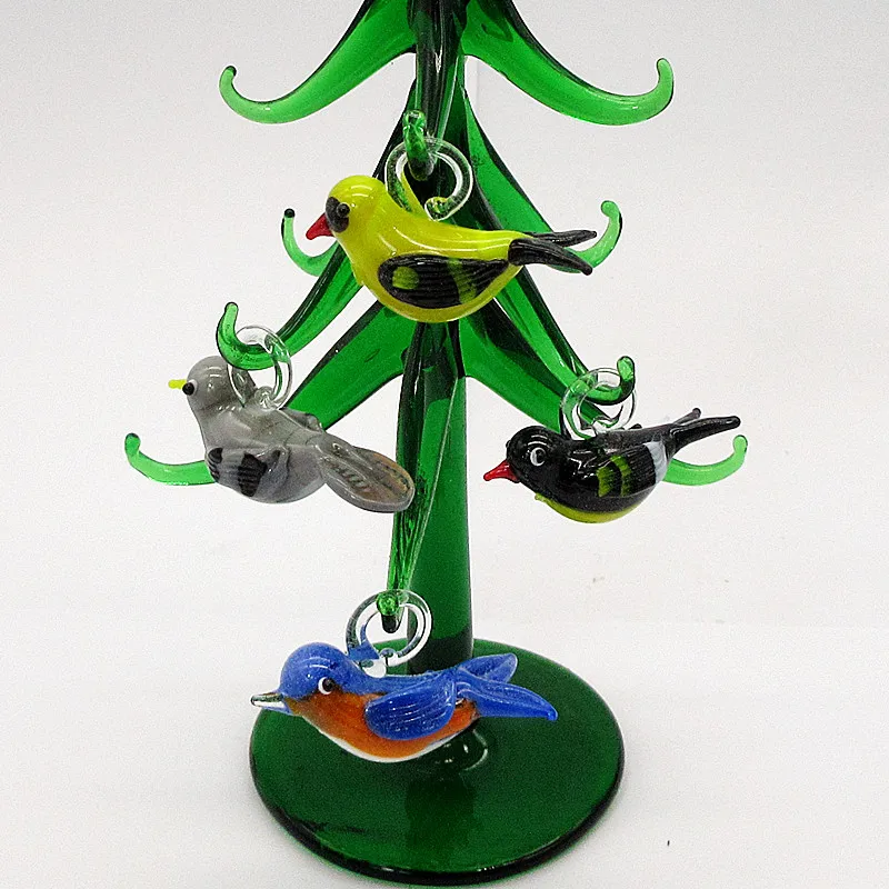 Handmade Murano Glass Crafts Christmas Tree Figurines Ornaments Home Decor Christmas Tree with Mini 12 Bird Pendant Accessories