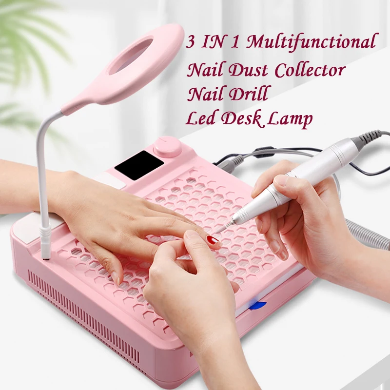 3 In 1 98W Nail Vacuum Dust Suction Collector Cleaner with LED Lamp Nail Drill Pen Manicure Machine Bits for Gel Polish Removing