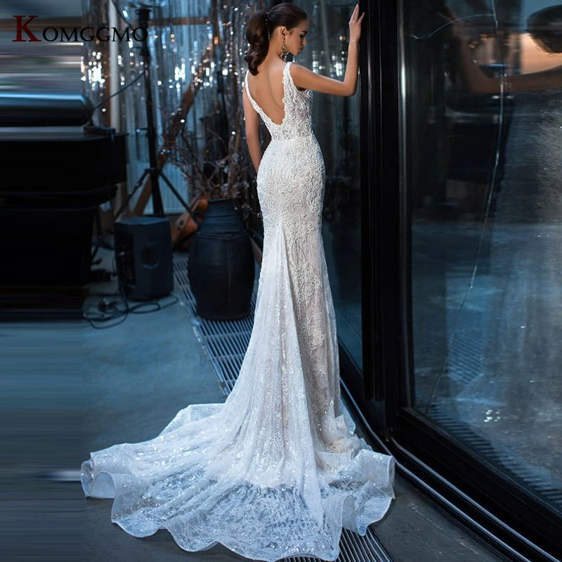 Elegante V-hals Borduren Applicaties Tulle Mouwloze Zeemeermin Trouwjurk Luxe Backless Afneembare Trein 2 In 1 Bruidsjurk