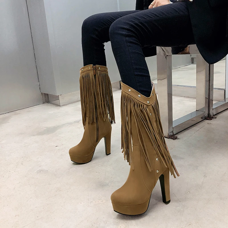 2024 Autumn Winter Midi Calf Boots Women's Modern Boots Superior Nubuck High Heel Tassel Decor Casual Platform Shoes botas mujer