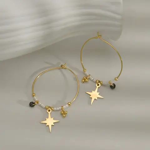 Handmade Crystal Beaded Circle Hoop Earrings For Women Stainless Steel Gold Color Metal Star Earrings Jewelry Wholesale