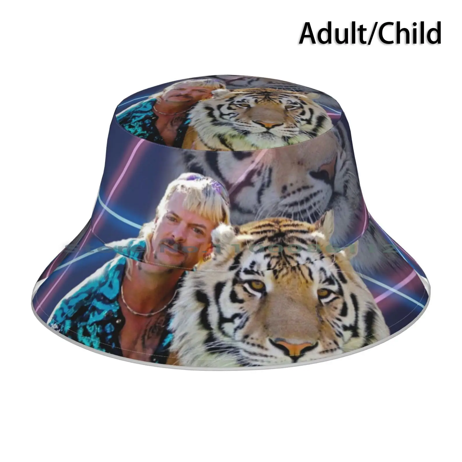 Joe Exotic And Tiger Lasers 80s Yearbook Montage Tiger King Bucket Hat Sun Cap Big Cat Conservation Rescue Wildlife Free Joe