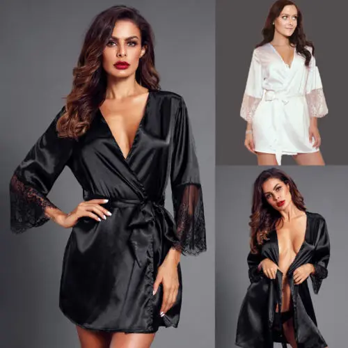 Summer Hot Sale Quarter Kimono Robe Women Fashion Sexy Solid Patchwork Lace Casual Sleepwear Sex V Neck Short Nightdress