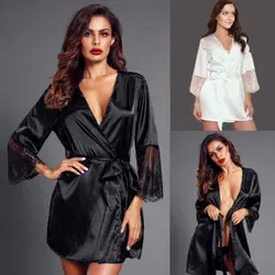 Camisola curta de kimono, moda feminina, sexy, com retalhos, renda casual, roupa de dormir, sexo v, gola