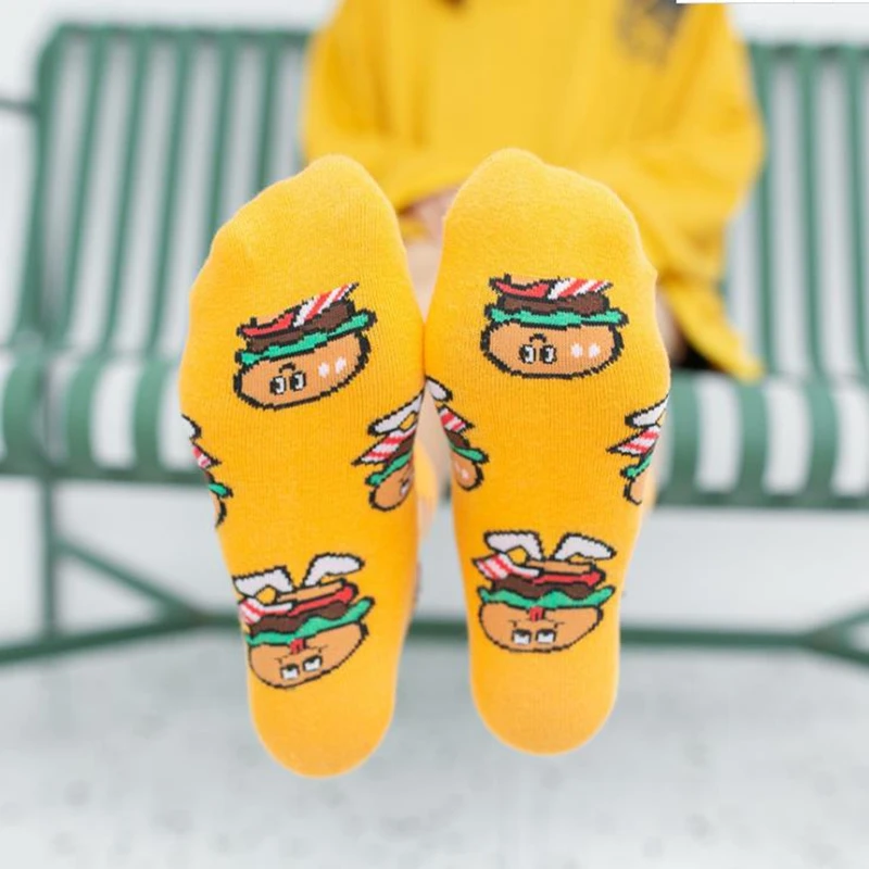 Cartoon Women's Socks Colorful Woman's Cotton Socks Hamburgers French Fries  Food Happy Color Sox Japanese Style  Harajuku Socks