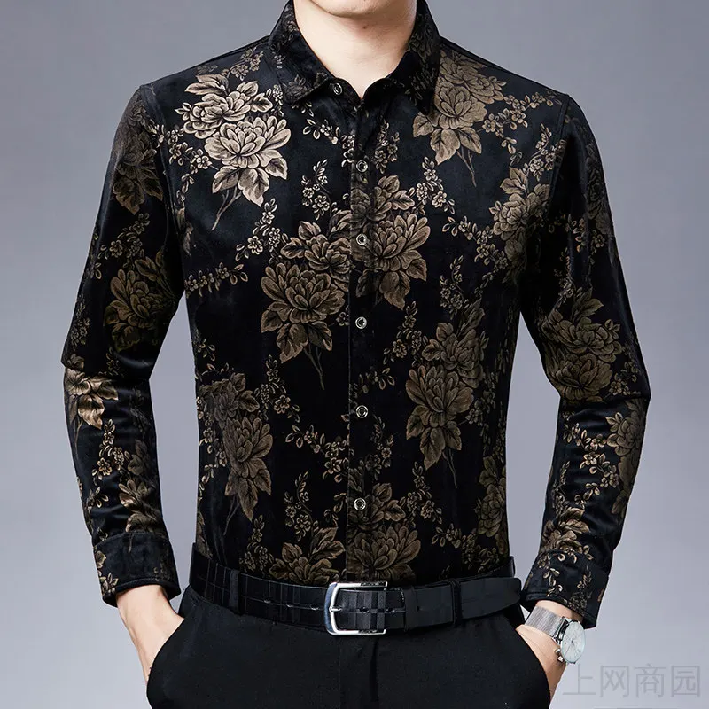 

Flowers Printed Black Luxury Velvet Dress Shirts For Mens Velour Stretch Clothes Blue Blouses Large Size Smooth Gents Casual Top