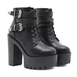 New Spring Autumn Fashion Women Boots High Heels Platform Buckle Lace Up Leather Short Booties Black Ladies Shoes Promotion
