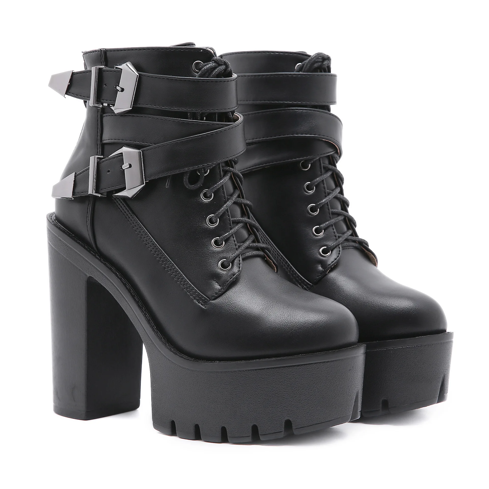 New Spring Autumn Fashion Women Boots High Heels Platform Buckle Lace Up Leather Short Booties Black Ladies Shoes Promotion