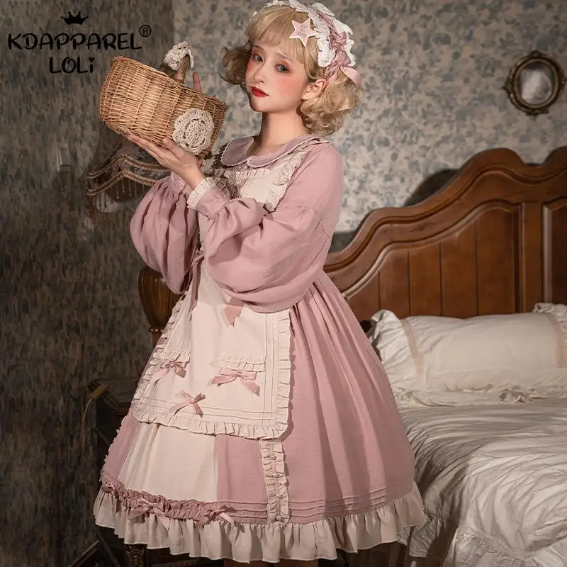 Girls OP Dresses Lolita Bows Sweet Doll Collar Short-Sleeve/Long-Sleeve Soft With Apron Cosplay Birthday Party Women Summer New