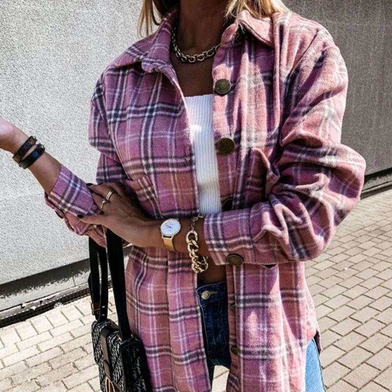 Women Blouses Autumn And Winter Loose Casual Retro Tops All-Match Plaid Long-Sleeved Shirt Jacket 3 Colors Chic New