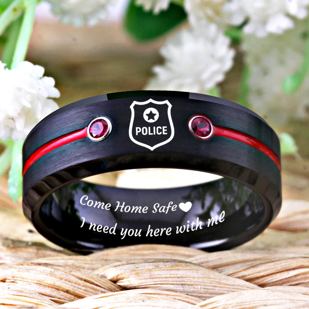 Police Design Ring Sheriff Rings police chief Ring Men's Black Tungsten Ring With Red Stone  Gift Ring Drop shipping RING