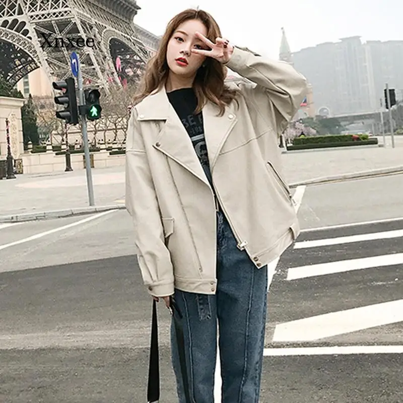 2021 Ladies Casual Solid Color Artificial Leather Coat Lapel Ladies Pu Leather Jacket Female Cool Zipper Streetwear