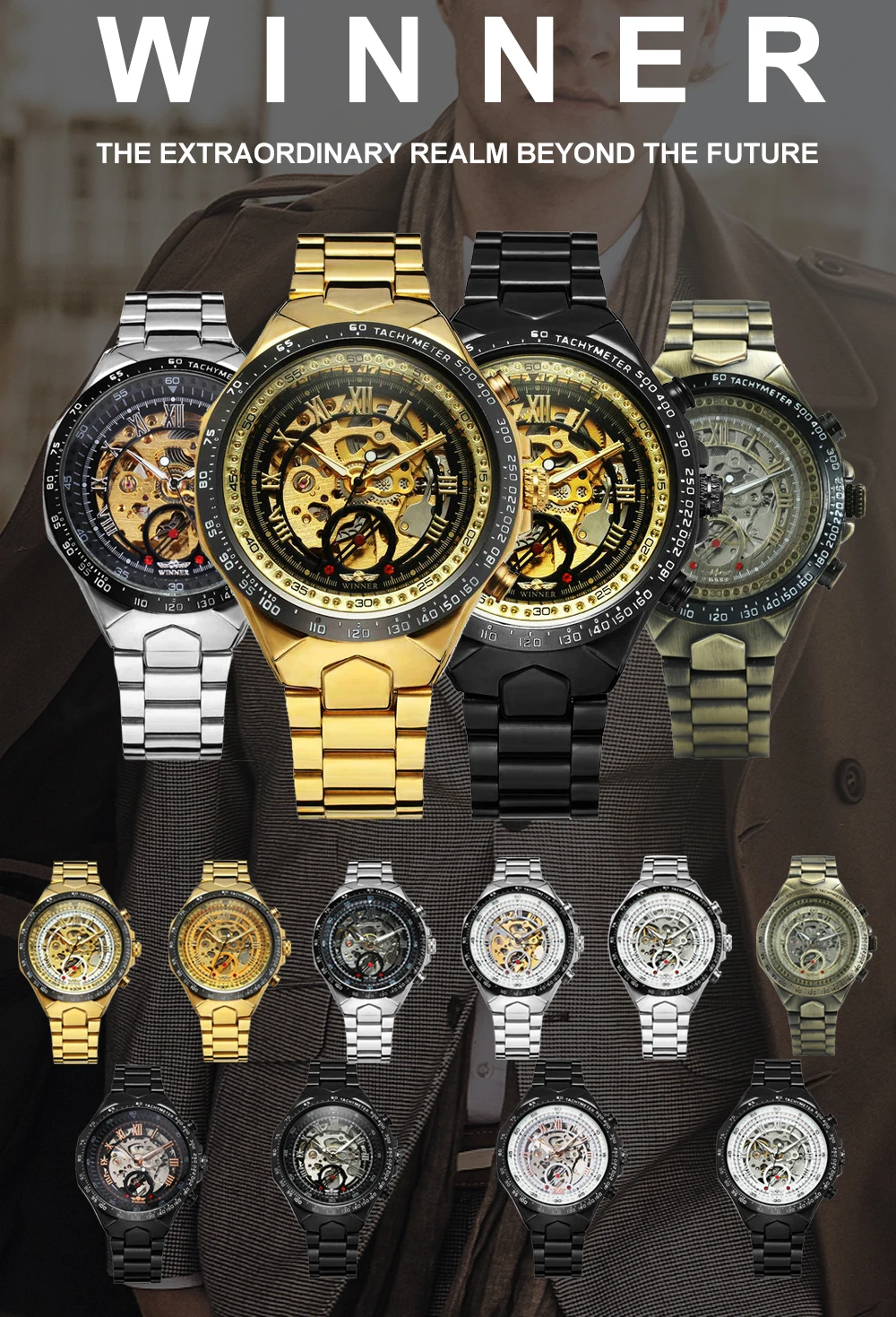 2020 WINNER Luxury Brand Men Gold Watches Automatic Mechanical Watch Male Skeleton Stainless Steel Band Sports Design Wristwatch