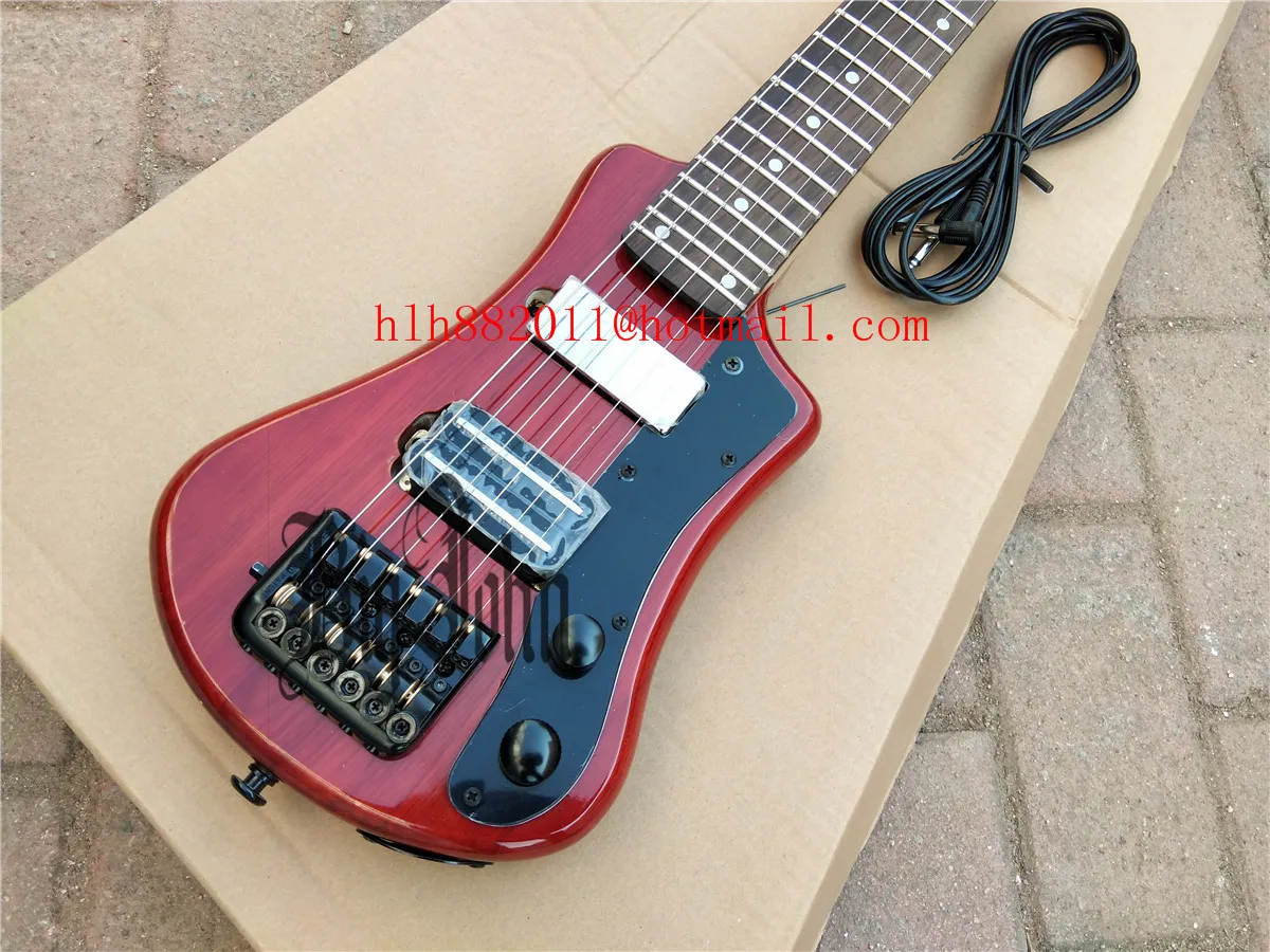 Mini Headless Electric Guitar, Normal Frets, Transparent Red Ash Body, Rosewood Fingerboard, BJ-396