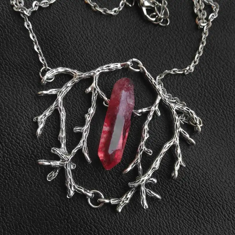 Red Quartz Stone Branch Necklace Gothic Jewelry Witch Style Amulet Dark Forest Pagan Magic Wizard Mystery Gift