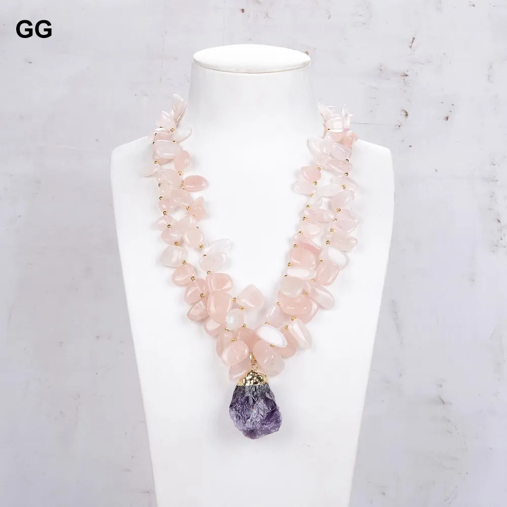 GG Natural Rose Quartz Gems Stone Geode Purple Amethyst Pendant Necklace For Women