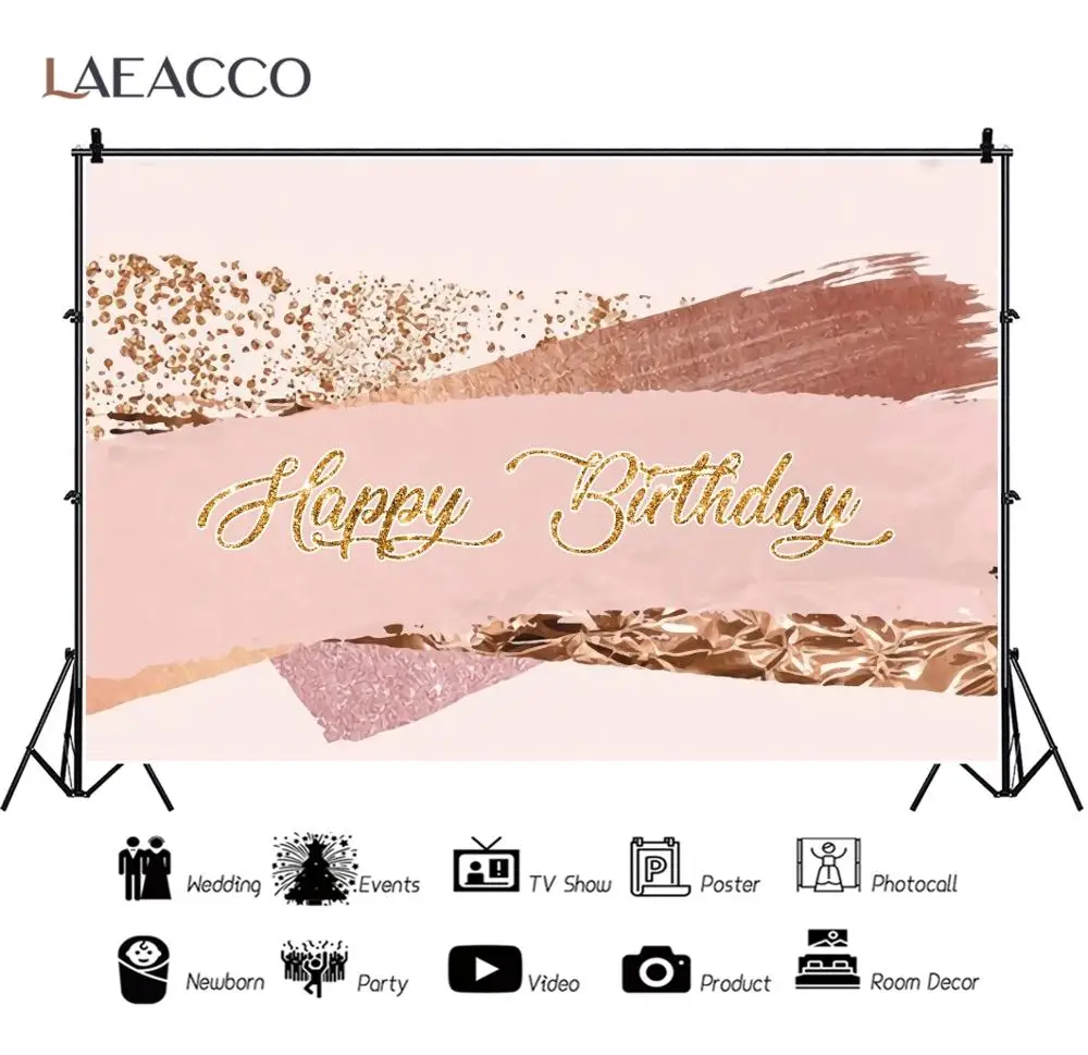 Pink Backdrop For Photography Gold Dot Happy BIrthday Party Drawing Pattern Custom Banner Portrait Photo Background Photo Studio