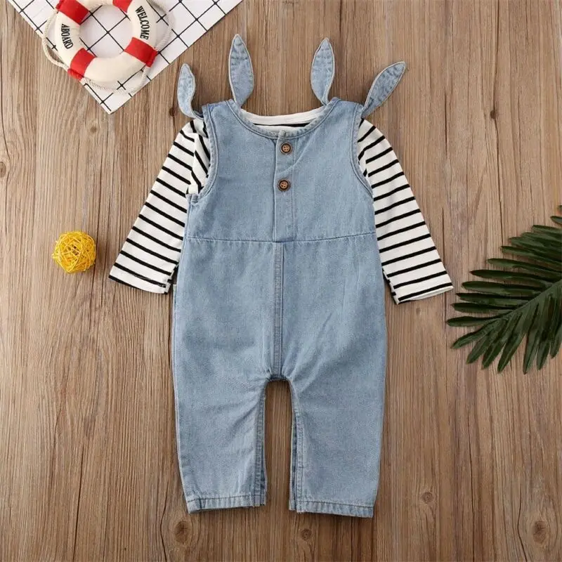 

Newborn Infant Toddler Baby Boy Girl Long Sleeve Striped T-shirt Denim Bib Strap Pants Overalls Outfit Clothes