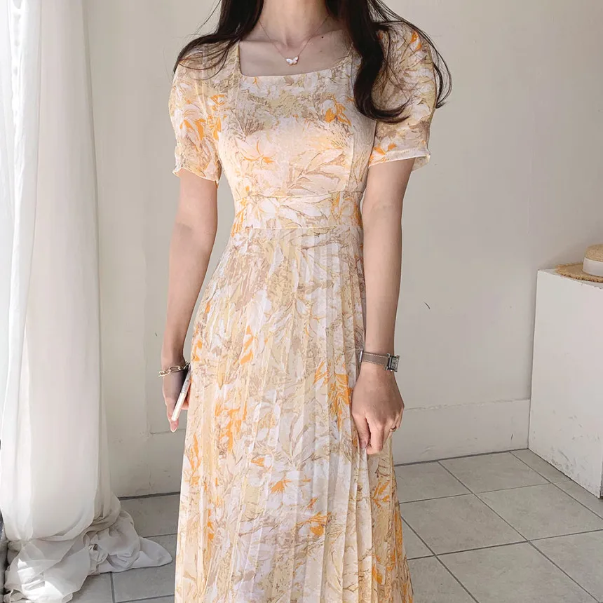 2022 Summer Water-color Printed Korean Chiffon Long Dress Women Short Sleeve Square Collar Belted Pleated Elegant Dresses Femme