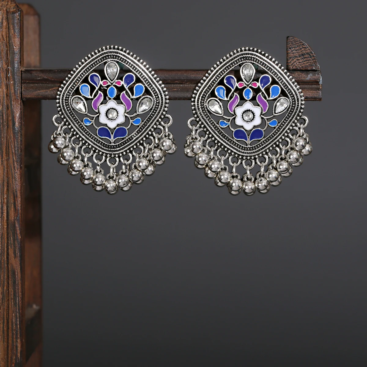 Vintage Silver Color Hollow Earrings For Women Indian Jewelry Thailand Ethnic Dripping Oil Blue Flower Earrings Hangers