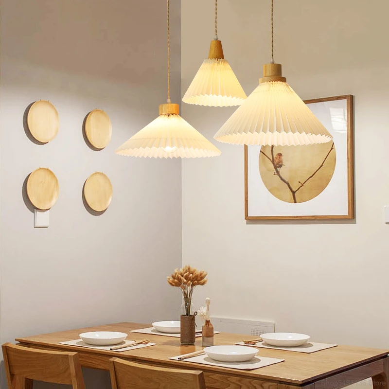 

Japanese Style Solid Wood Pleated Pendant Lights Bedroom Bedside Dining Table Hanging Lamp Living Room Home Decoration Lighting