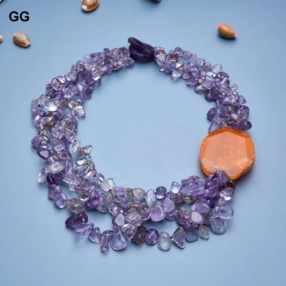 GG 20\'\' 4 Rows Beautiful Natural Purple Amethyst Nugget Beads Orange Agate Chunk Necklace For Women